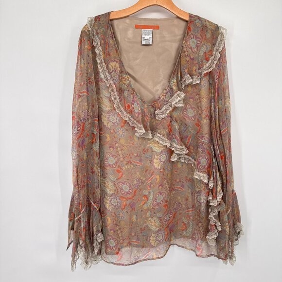 Alain Weiz Womens Floral Silk Blouse lined Lace Trim Ruffle size 20w beige - Picture 5 of 14